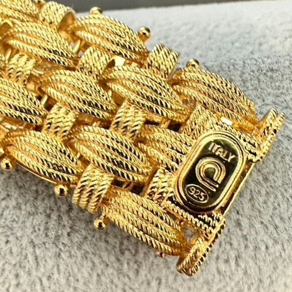 925 Sterling Silver Gold Plated Vintage Italy Rattan Link Bracelet 8" - Picture 5 of 8